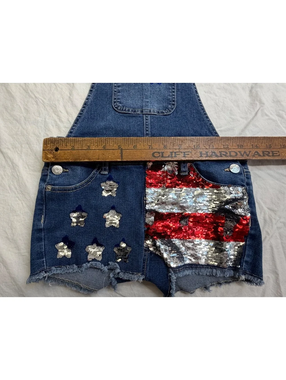 Justice Girls Size 10 Denim Shortalls Sequin Stars Striped Pocket Overalls